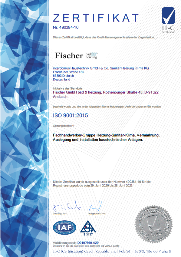 Ein Qualitätsmanagement-Zertifikat der LL-C Certification zeigt die ISO 9001:2015-Zertifizierung für Fischer GmbH bad & heizung.