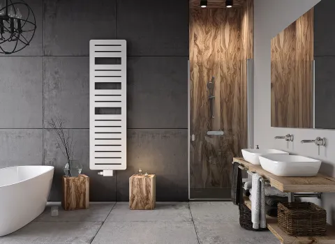 Premiumbadezimmer mit weißen Designheizkörper "Page" von BEMM.