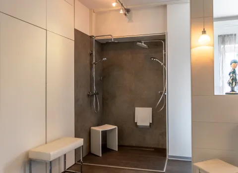 Moderne begehbare Dusche mit Regendusche und stilvoller Wandgestaltung.