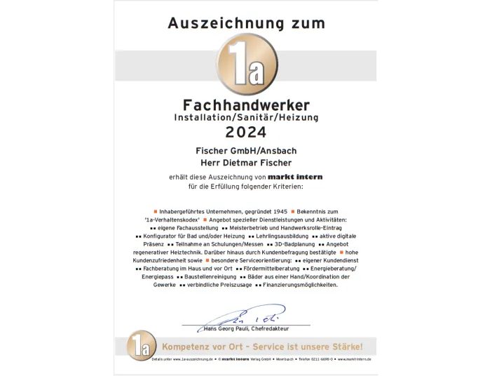 Eine Urkundengrafik zeigt die Auszeichnung „1a Fachhandwerker Installation/Sanitär/Heizung 2024“ für die Fischer GmbH aus Ansbach und Herrn Dietmar Fischer.