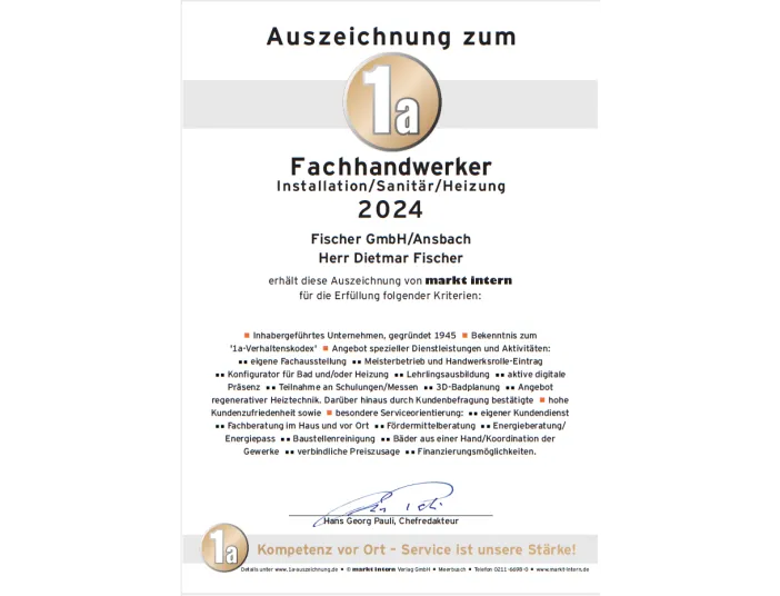 Eine Urkundengrafik zeigt die Auszeichnung „1a Fachhandwerker Installation/Sanitär/Heizung 2024“ für die Fischer GmbH aus Ansbach und Herrn Dietmar Fischer.
