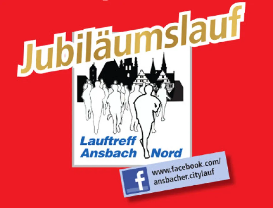 Eine rote Grafik zeigt den großen Schriftzug „Jubiläumslauf“ in weiß-goldener Typografie vor einem stilisierten Stadtmotiv.
