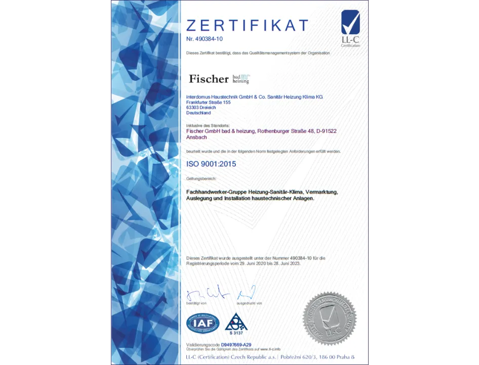 Ein Qualitätsmanagement-Zertifikat der LL-C Certification zeigt die ISO 9001:2015-Zertifizierung für Fischer GmbH bad & heizung.