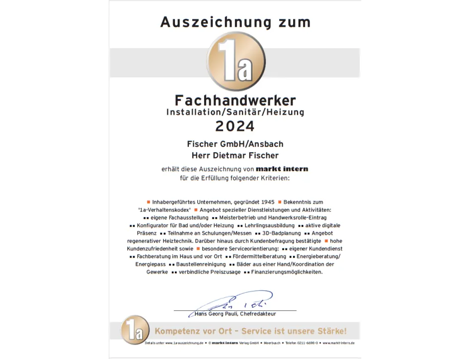 Eine Urkundengrafik zeigt die Auszeichnung „1a Fachhandwerker Installation/Sanitär/Heizung 2024“ für die Fischer GmbH aus Ansbach und Herrn Dietmar Fischer.