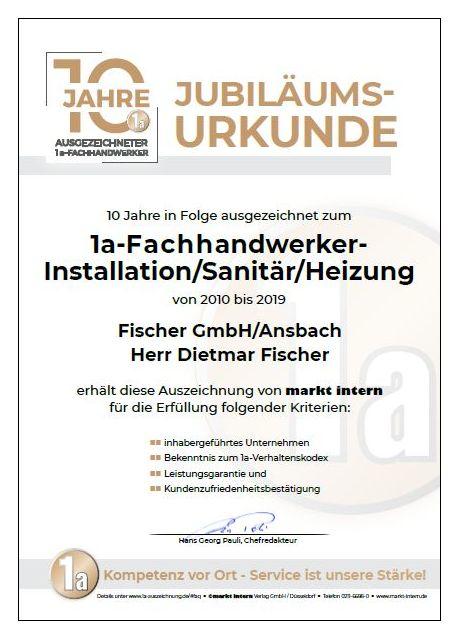 1a Jubiläumsurkunde Fischer Haustechnik